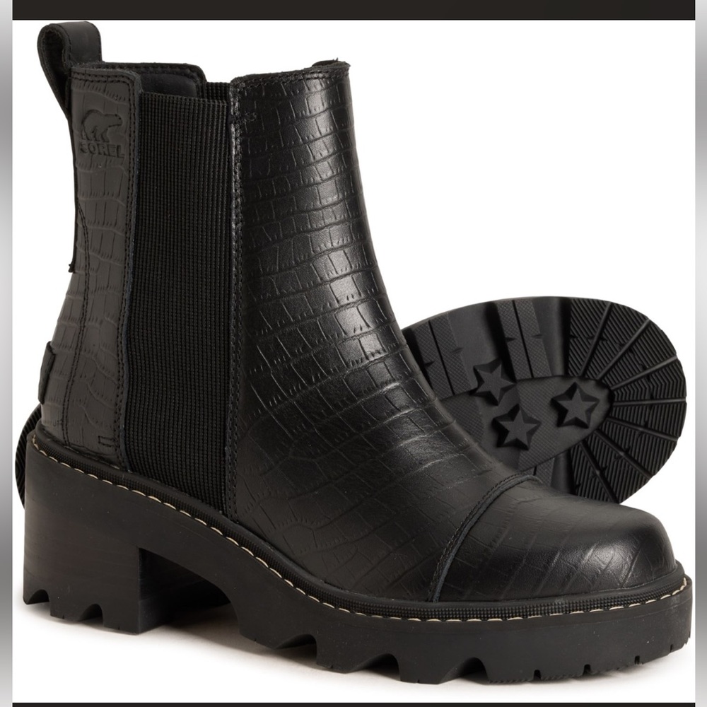 Sorel Women’s Joan Now Waterproof Black Croc-Embossed Chelsea Ankle Boots